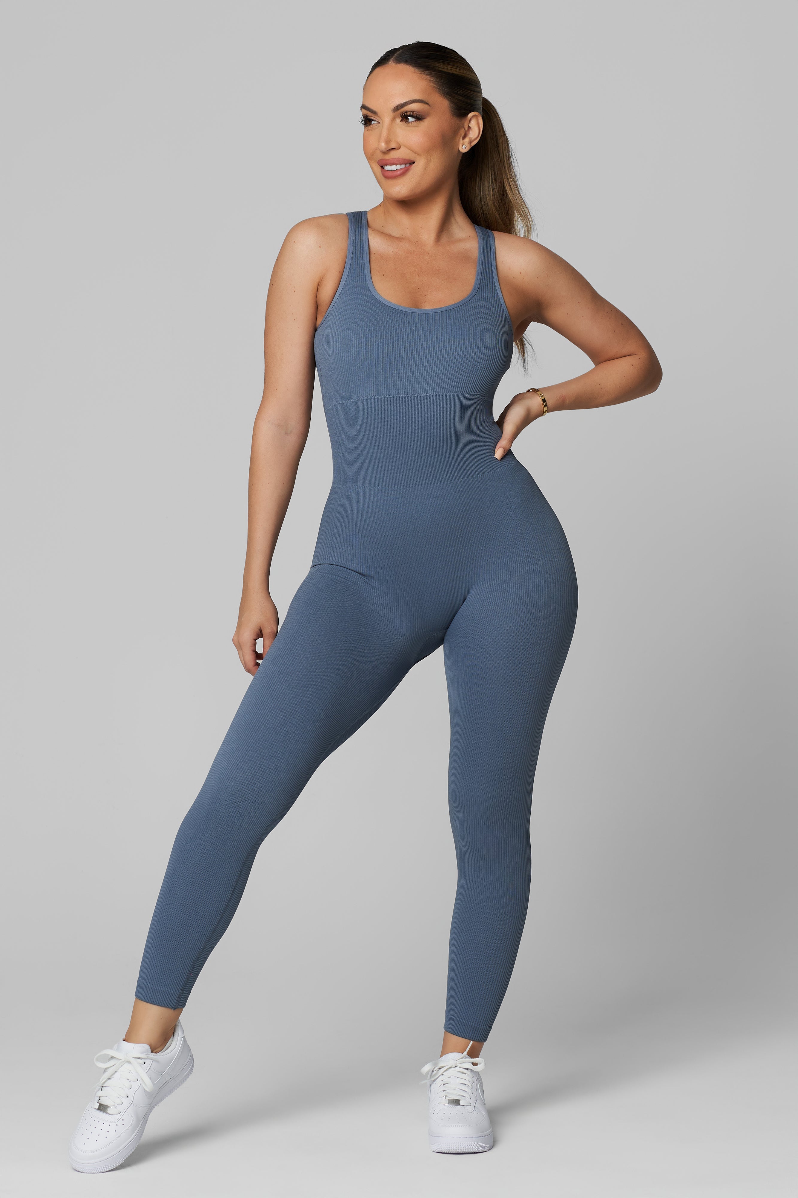 Dusty Blue Seamless Ribbed Jumpsuit