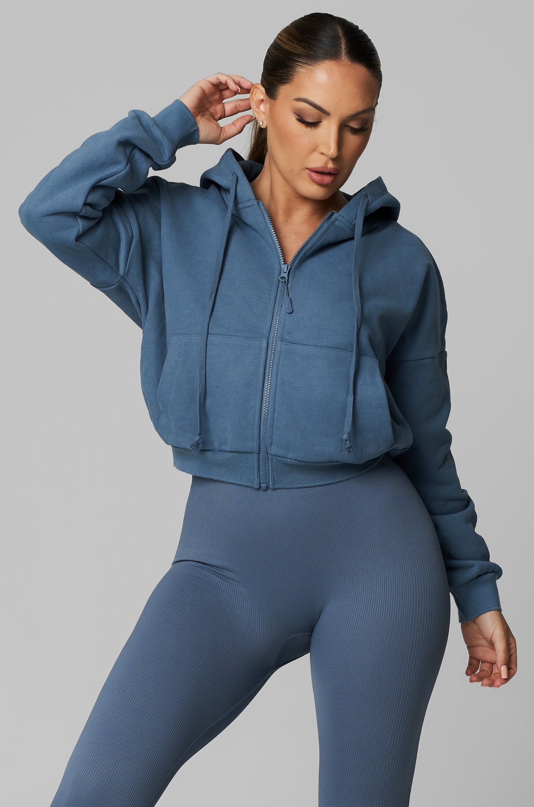 Dusty Blue Heavy Cotton Cropped Full Zip Jacket