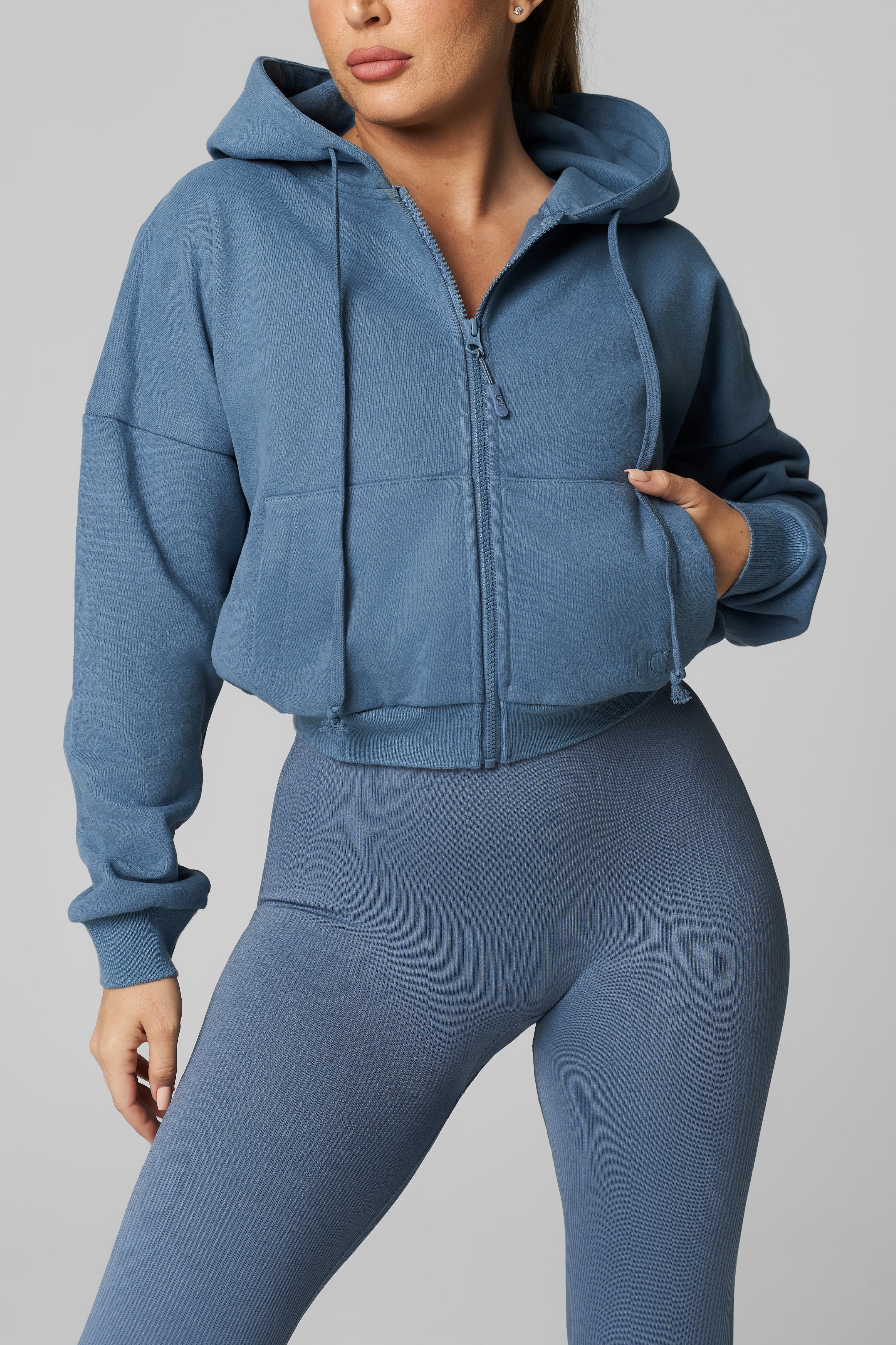 Dusty Blue Heavy Cotton Cropped Full Zip Jacket