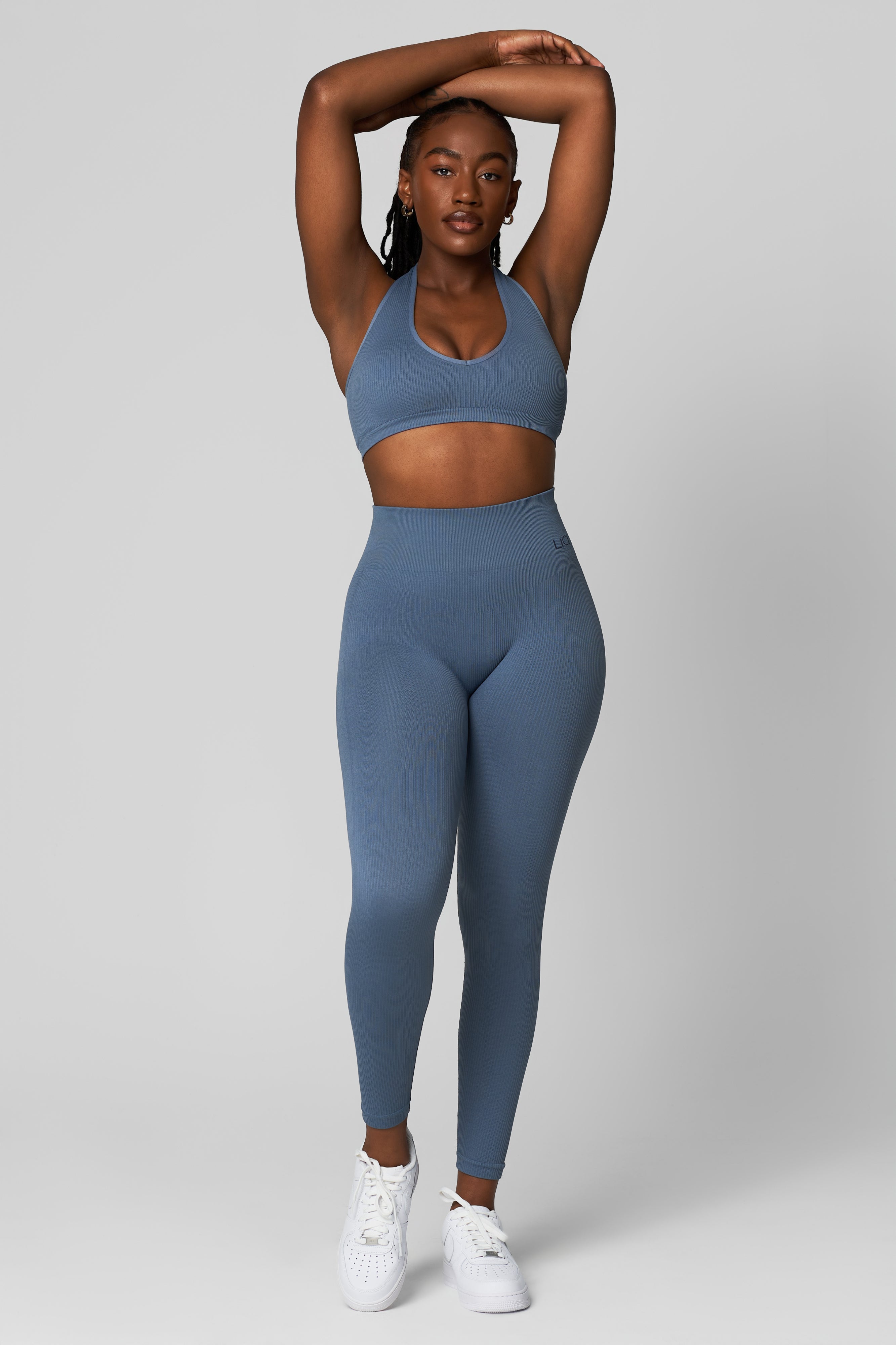 Dusty Blue Seamless Ribbed Halter Bra