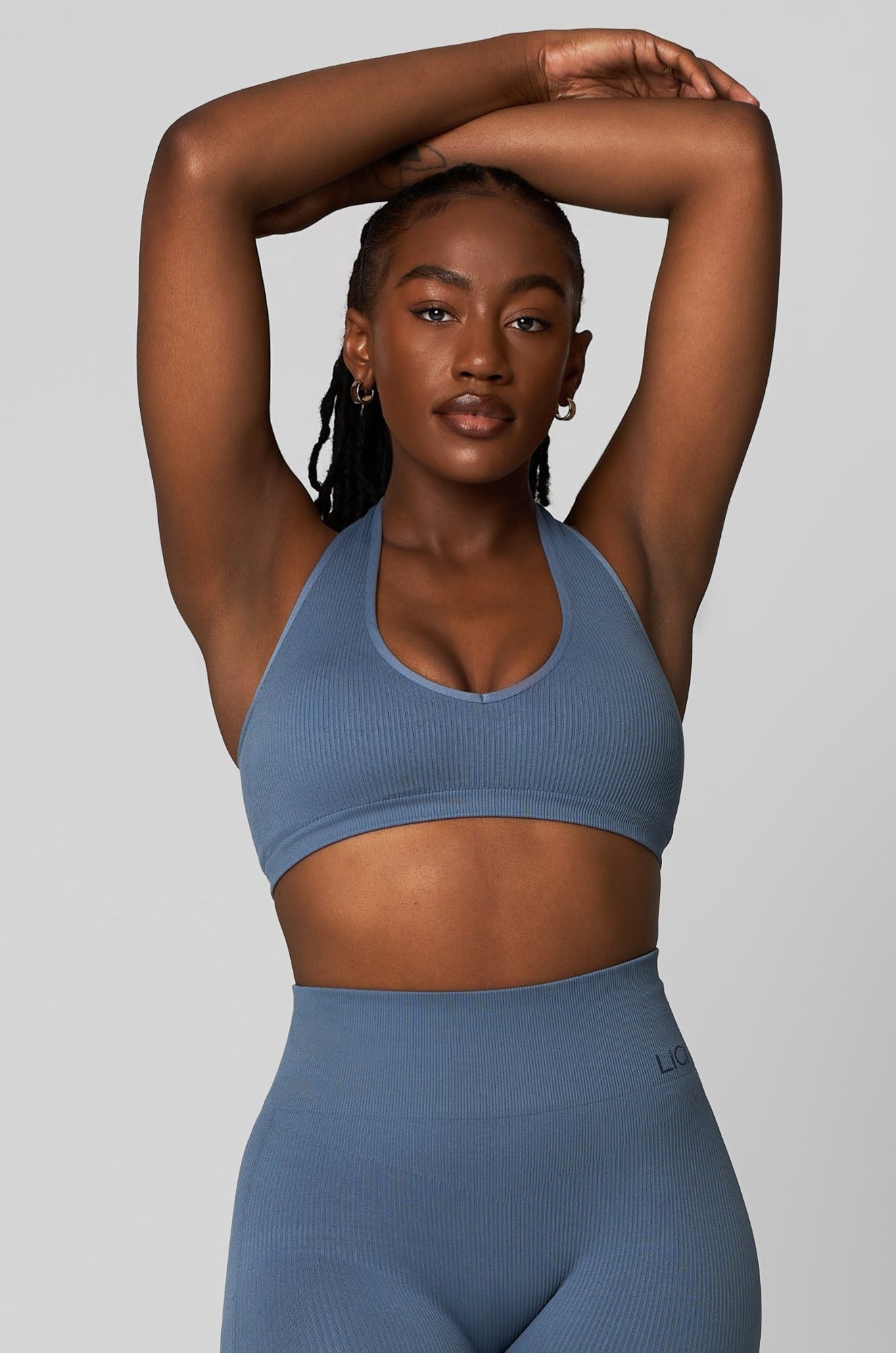 Dusty Blue Seamless Ribbed Halter Bra