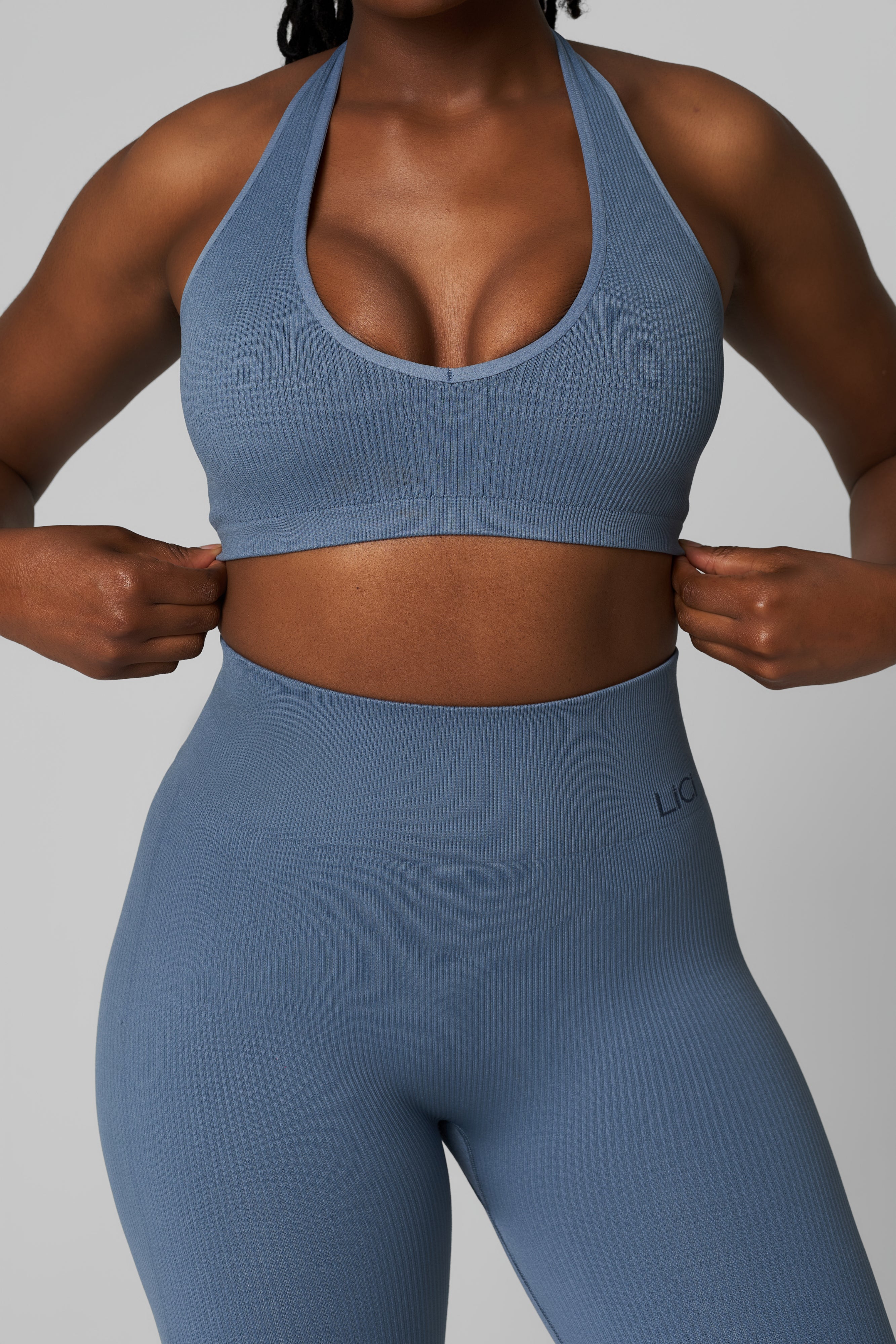 Dusty Blue Seamless Ribbed Halter Bra