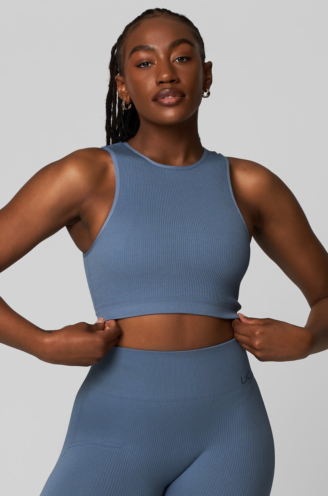 Dusty Blue Seamless Ribbed High Neck Crop Top