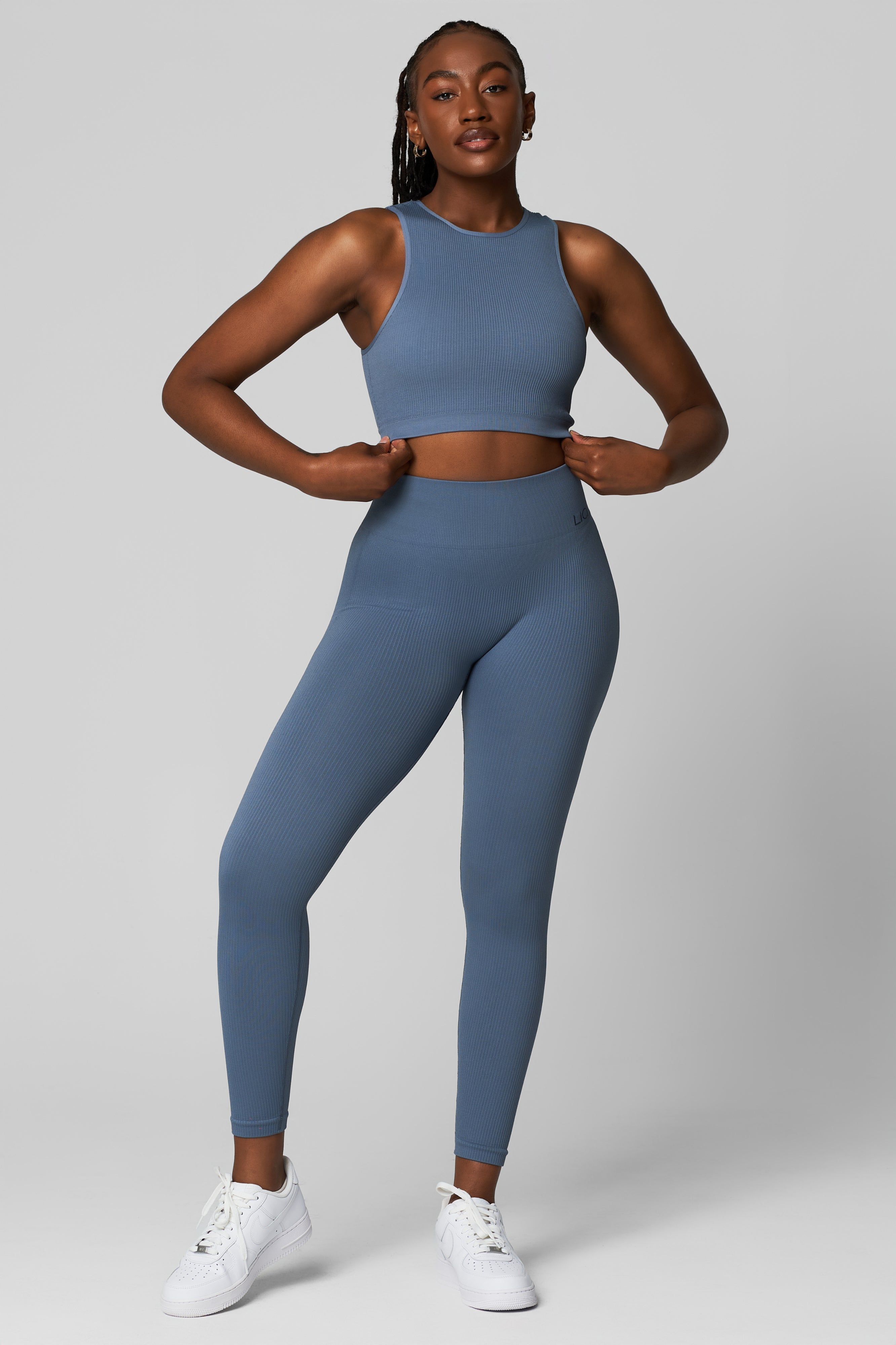 Dusty Blue Seamless Ribbed High Neck Crop Top