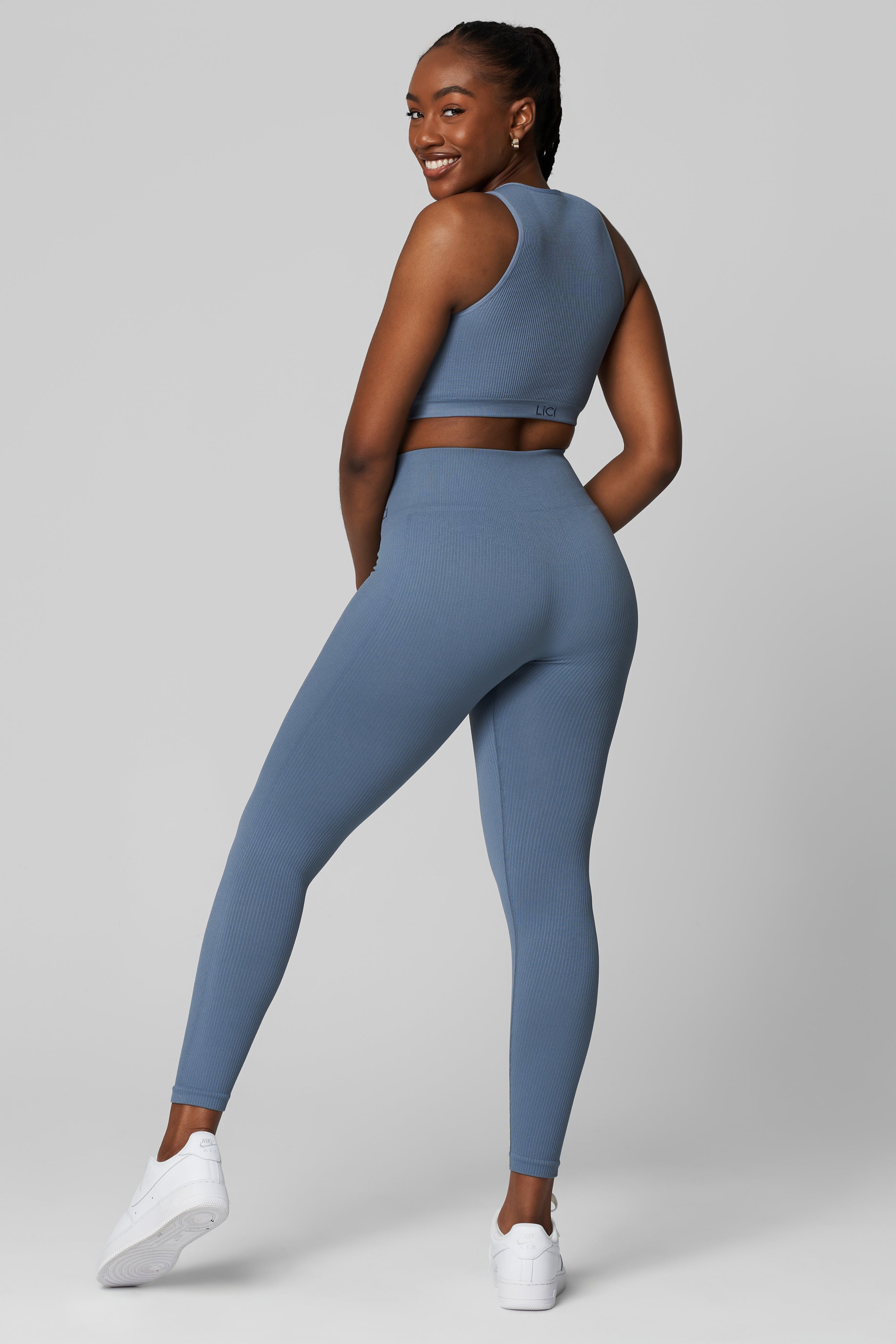 Dusty Blue Seamless Ribbed High Neck Crop Top