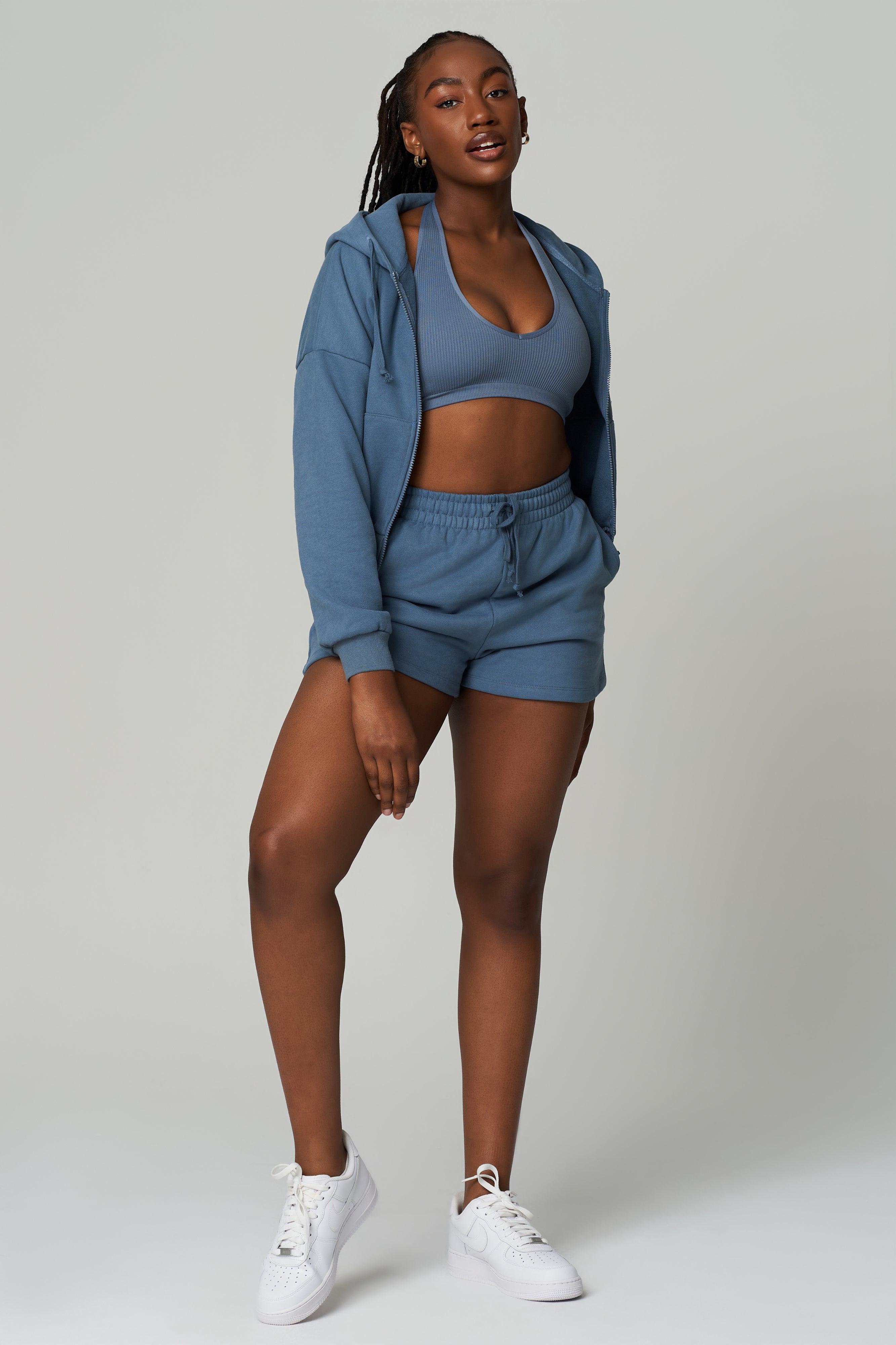 Dusty Blue Heavy Cotton Cropped Full Zip Jacket