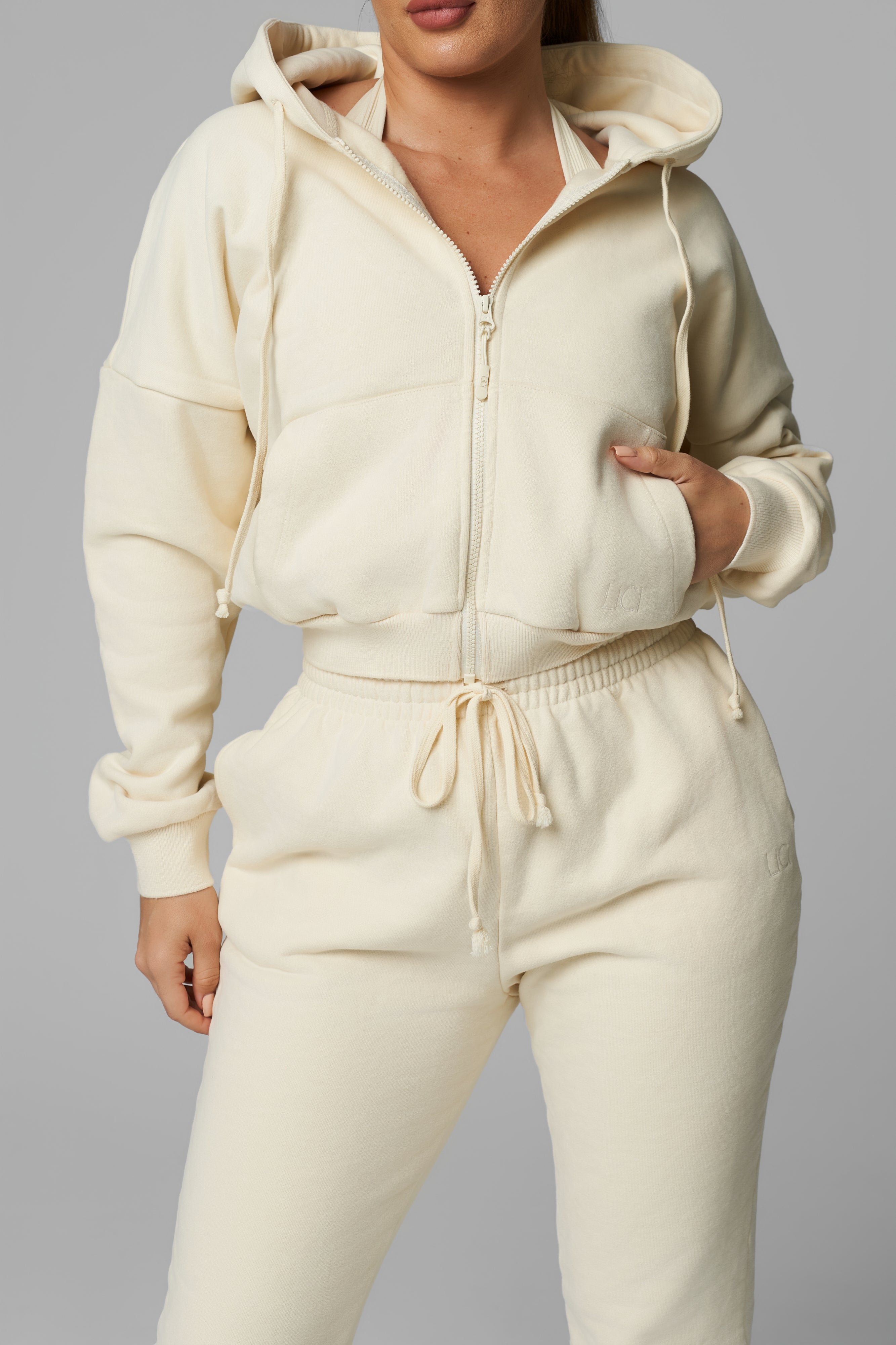 Cream Heavy Cotton Cropped Full Zip Jacket