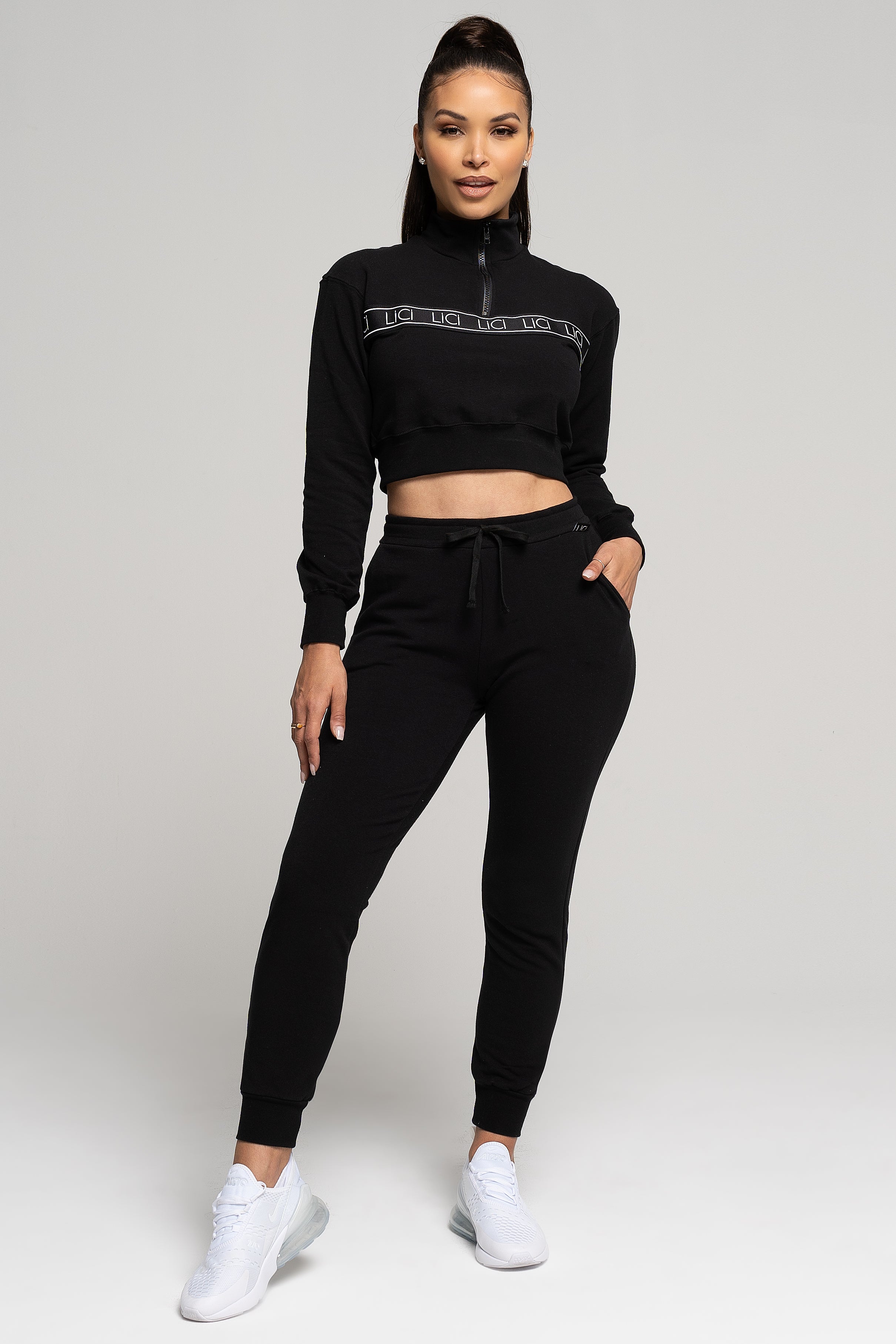 LiCi Fit Black Fitted Sweatpants & Black Fleece Quarter-Zip Sweatshirt
