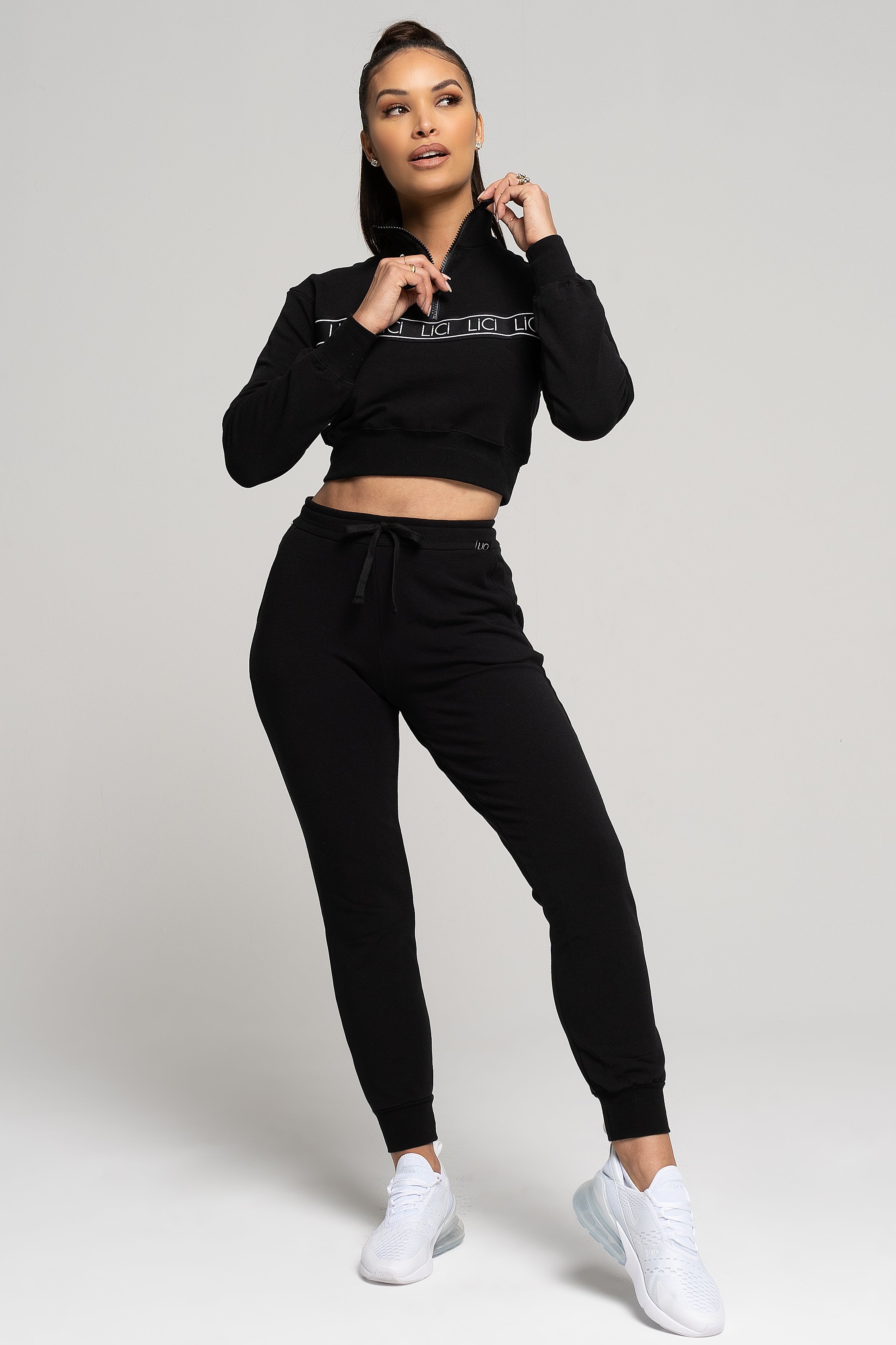 LiCi Fit Black Fitted Sweatpants & Black Fleece Quarter-Zip Sweatshirt