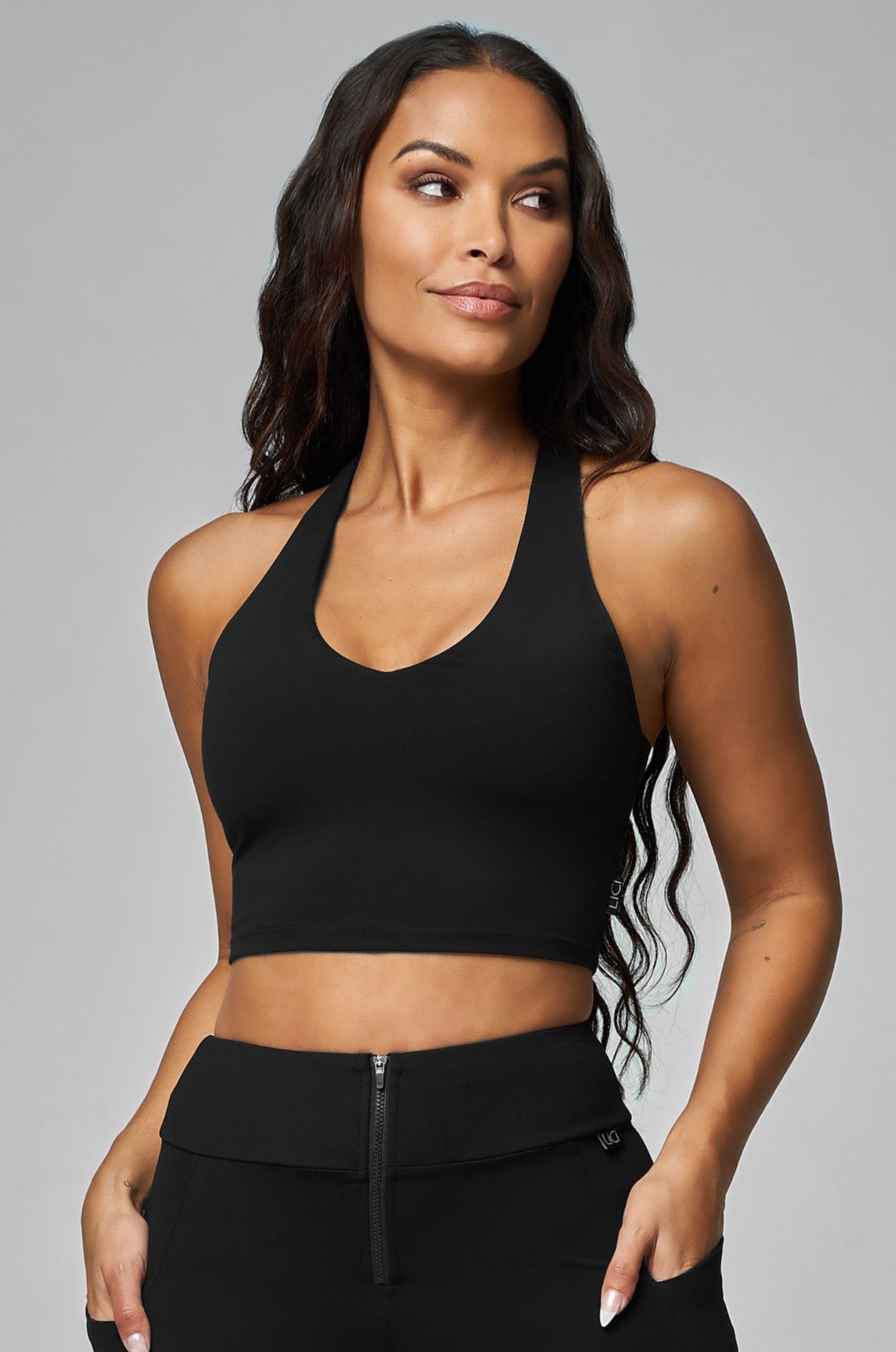 Black Built-In V-Tank Crop Top