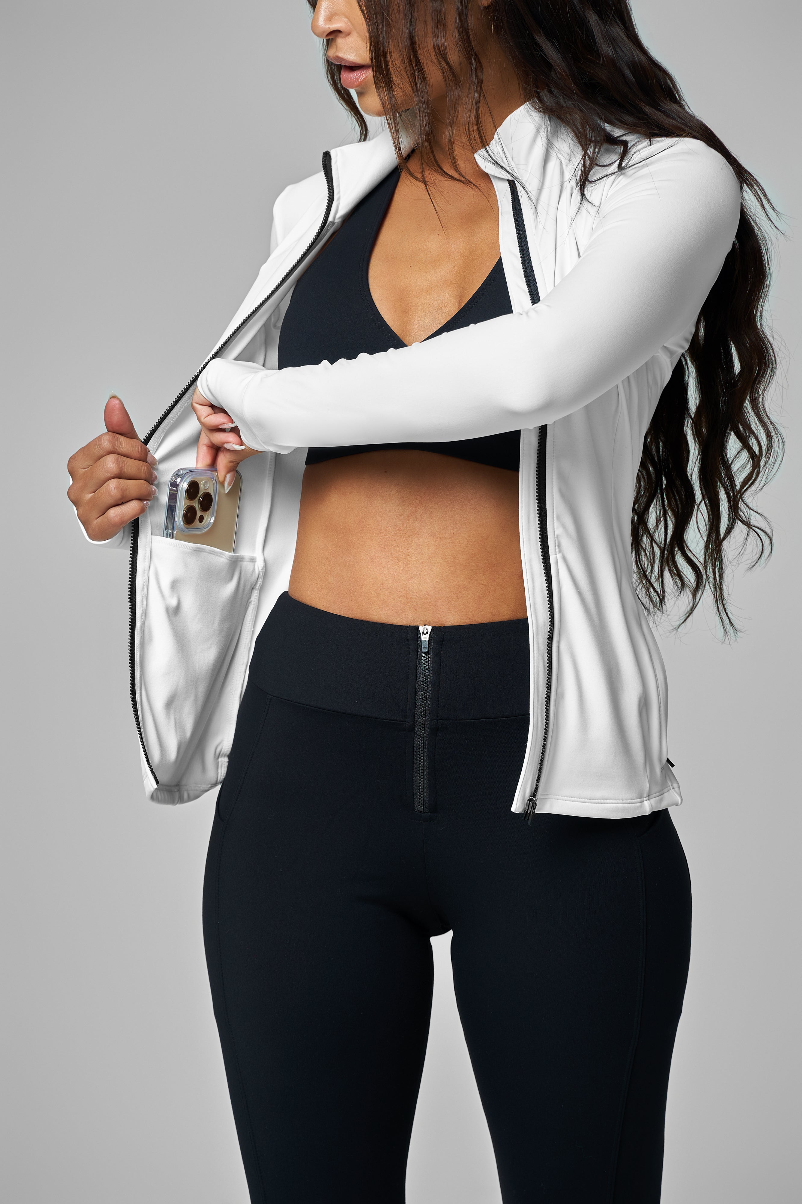 White Fitted Zip Up Jacket