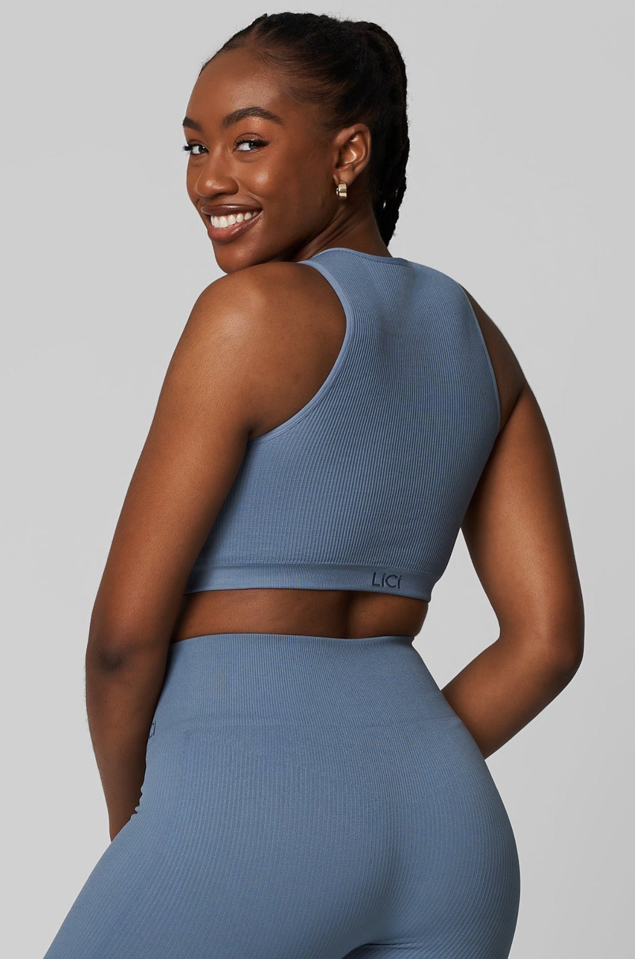 Dusty Blue Seamless Ribbed High Neck Crop Top