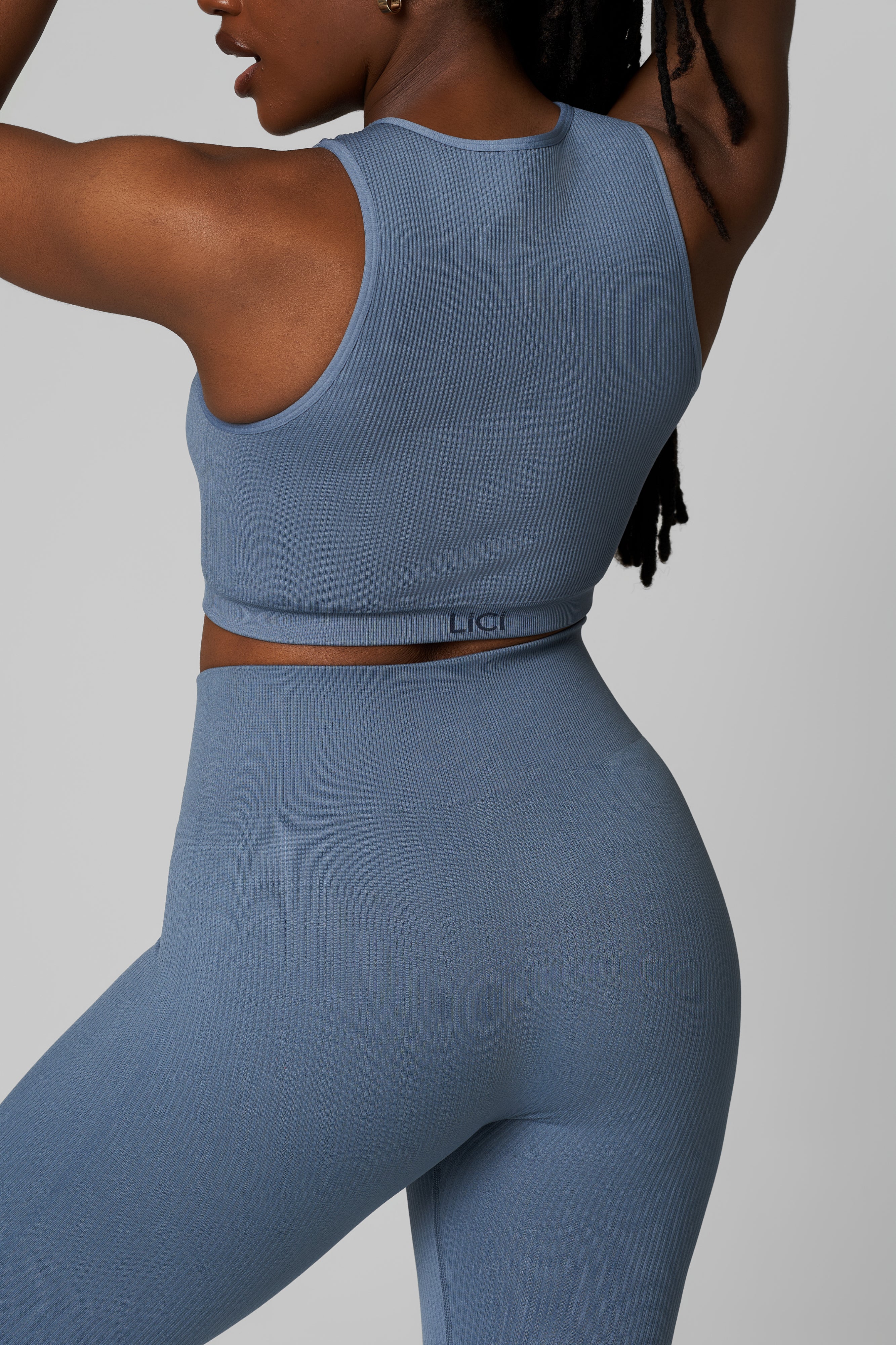 Dusty Blue Seamless Ribbed High Neck Crop Top